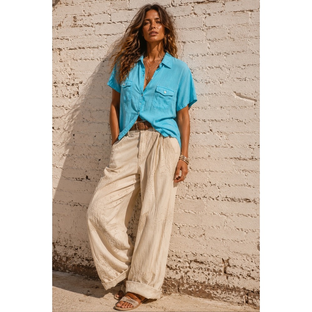 Sonoma Turquoise Blue Linen Blend Button Down Short Sleeve Utility Top XL
